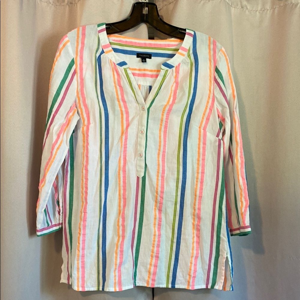 Talbots Pink and Blue 3/4 Sleeve Buttoned Blouse